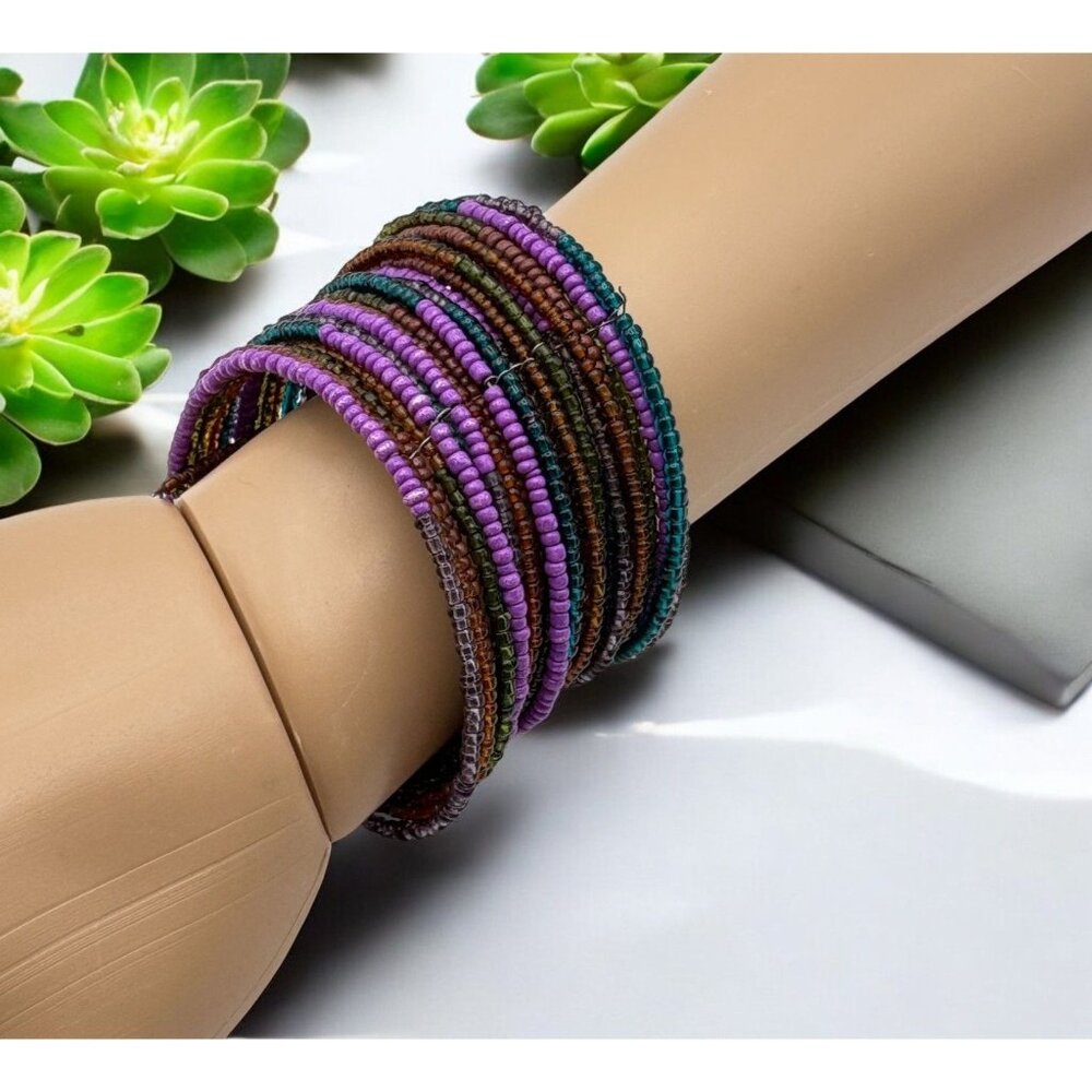 Vintage Multicolor Beaded Coil Bracelet With Purple Green & Brown Seed Beads